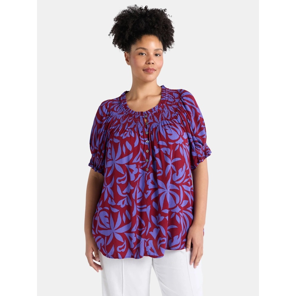 Purple Burgundy Floral Print Sz 4X Peasant Button Top Terra & Sky Viscose Blouse